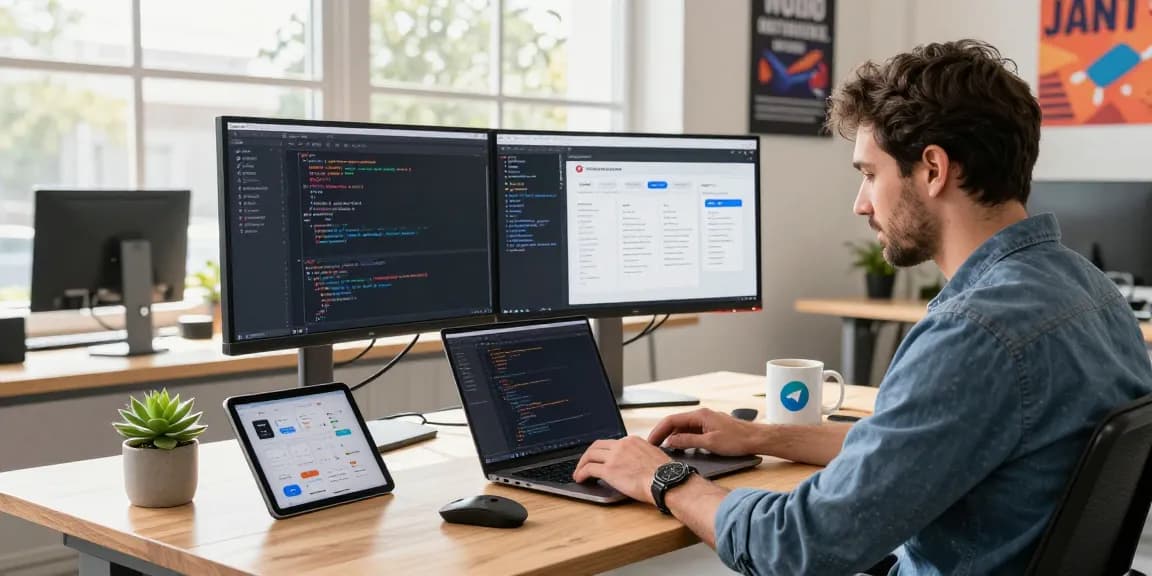 Developer coding on software project for teiegramin.com in a vibrant workspace.