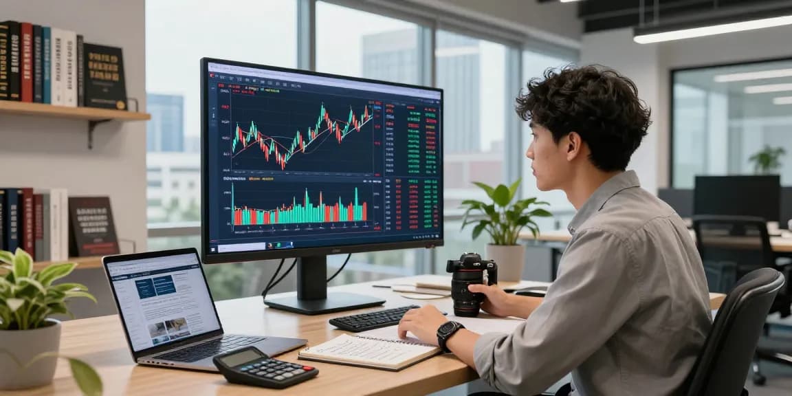 Investor reviewing stocks and market trends at 5starsstocks.news in a vibrant office.