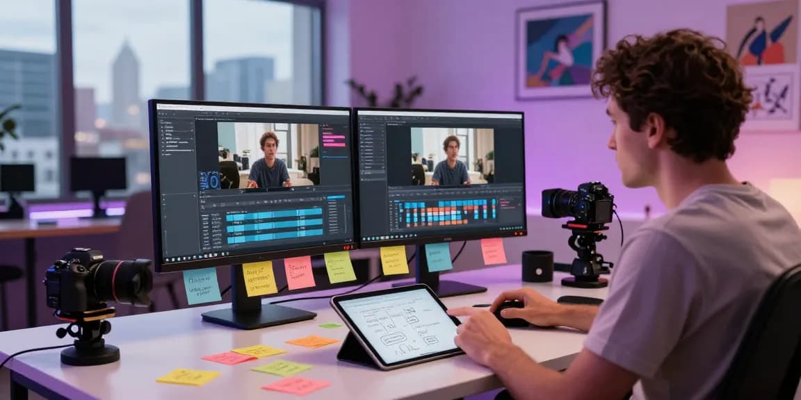 Creator using video to prompt tool in modern workspace with monitors and camera equipment.