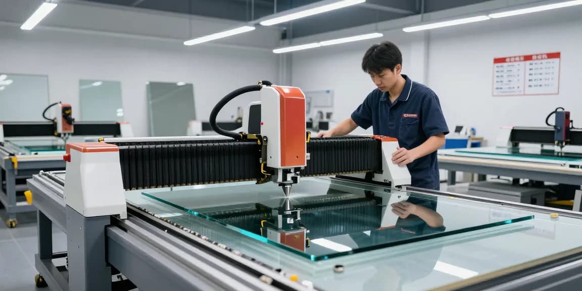 CNC glass cutting machine in action at a modern glass processing facility.