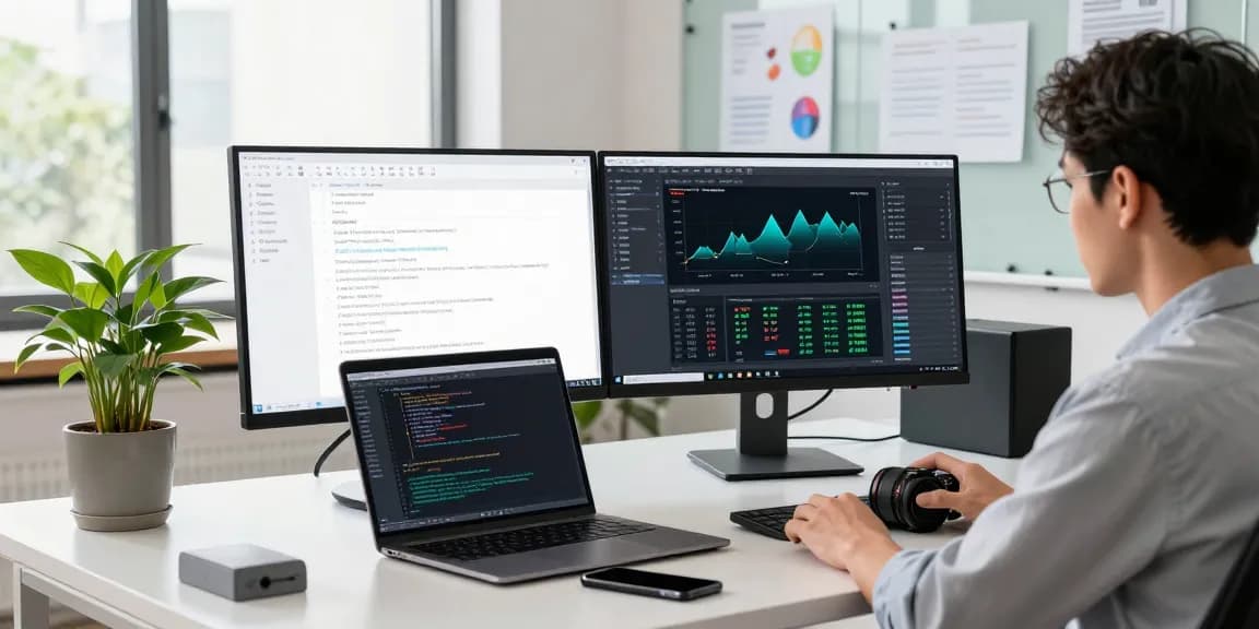 Data scientist using an ai image checker tool on dual monitors in a modern office.