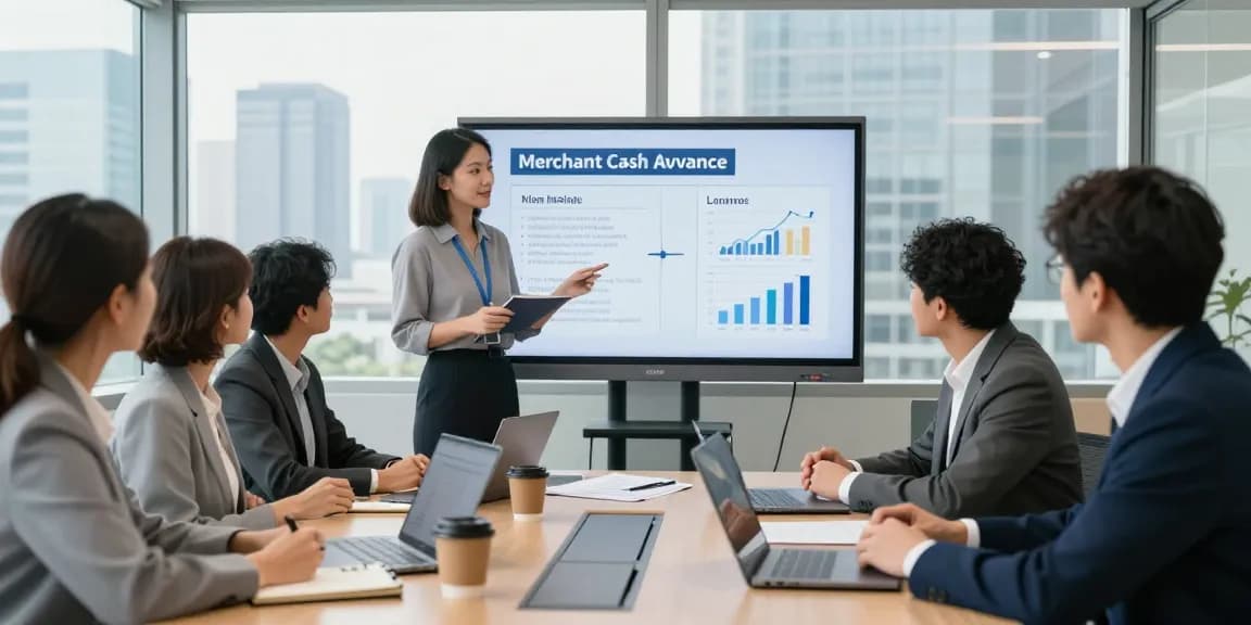 Team comparing merchant cash advance vs loan in a modern office meeting.