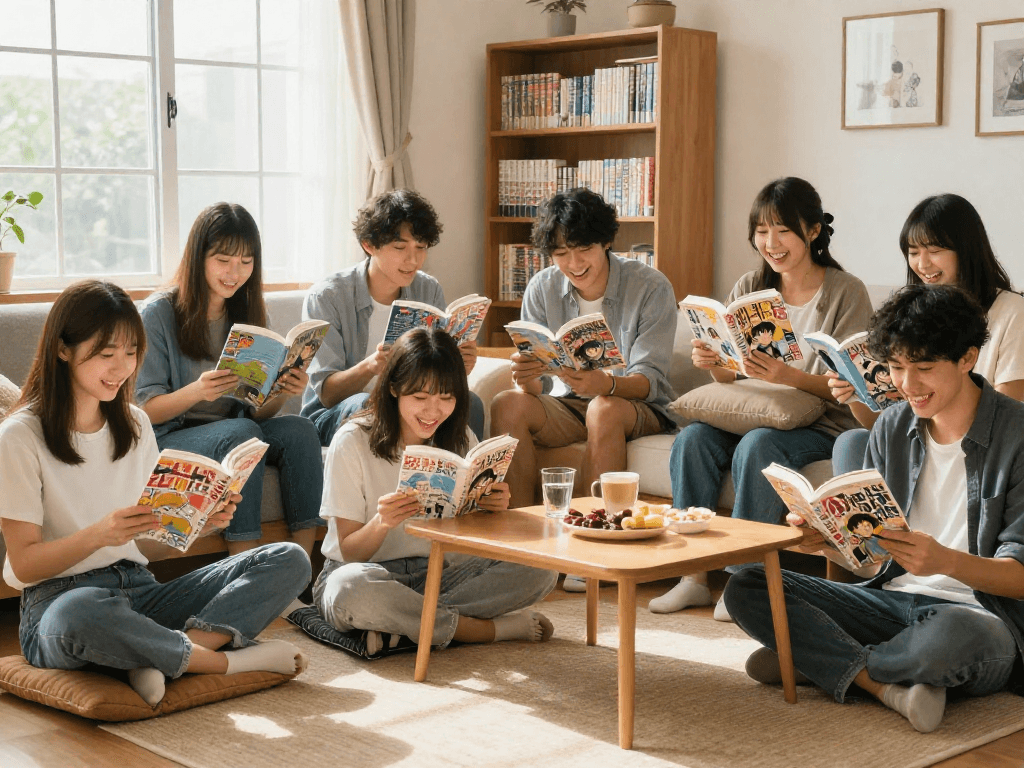 Read Hitomi Manga Raw Online in a cozy gathering, friends sharing laughter and excitement while reading manga together.