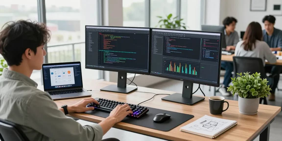 快连 technology workspace featuring software developer coding at a modern desk with dual monitors and collaborative environment.