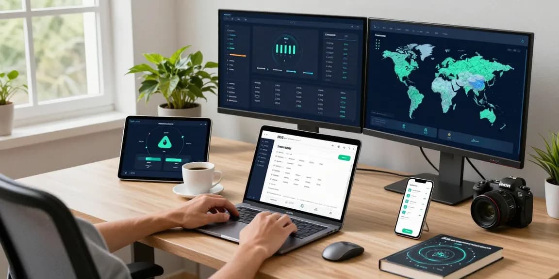 快连 network platform in a modern tech workspace with dual monitors, laptop, and smartphone, showcasing innovative productivity.