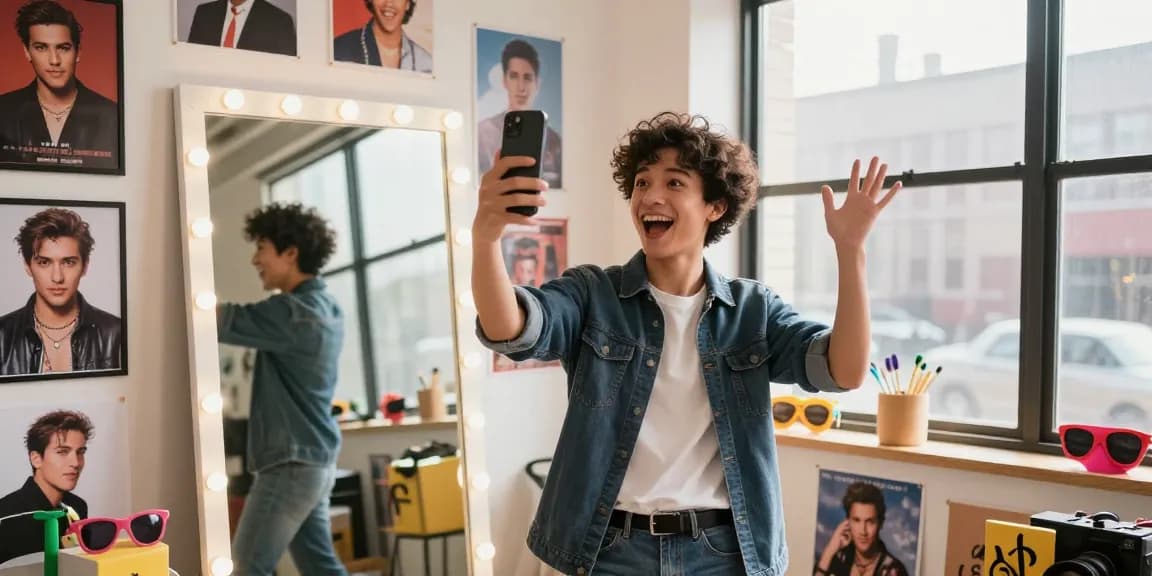 Excited individual taking a selfie for a celebrity look alike search in a vibrant photography studio.