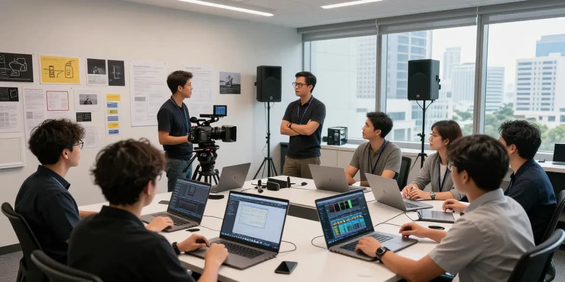 Best corporate video production company Singapore team collaborating in studio.