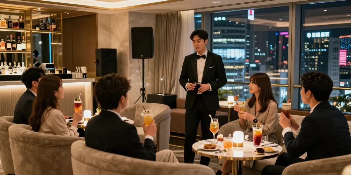강남블랜딩 고급스러운 라운지에서 손님들이 즐겁게 대화하며 음료를 나누고 있는 모습