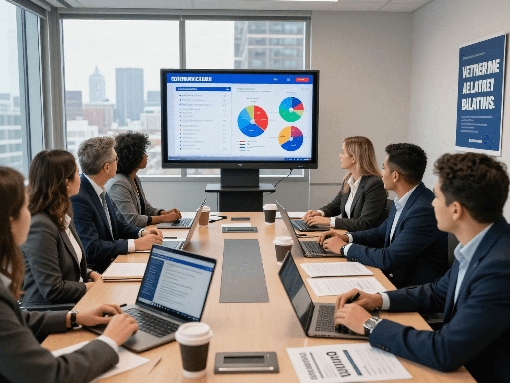 Campaign managers strategizing streaming ads for political campaigns in a modern meeting room.