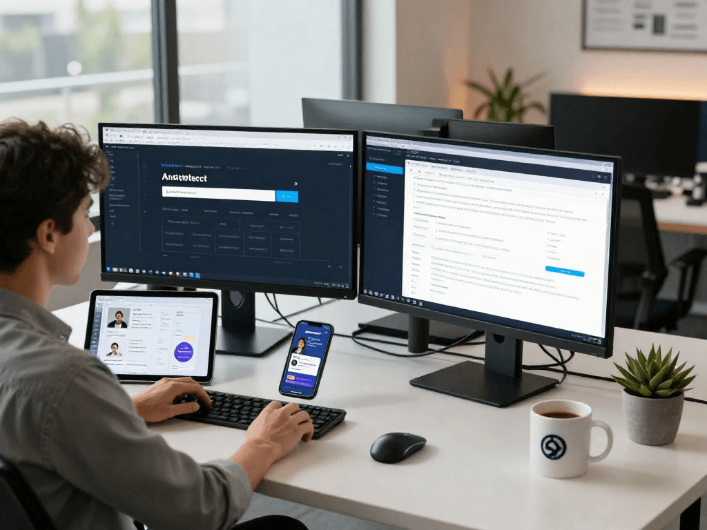 Marketer managing multiple client accounts using antidetect browser in a modern workspace.