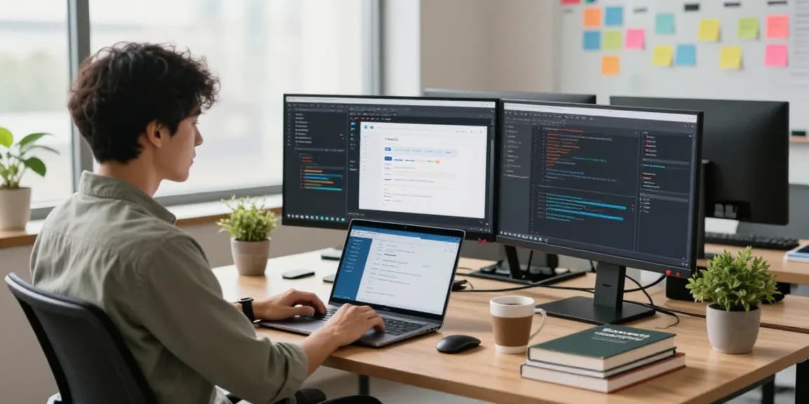 Developer coding in a modern office with multiple screens, showcasing 纸飞机中文版 project in a focused atmosphere.