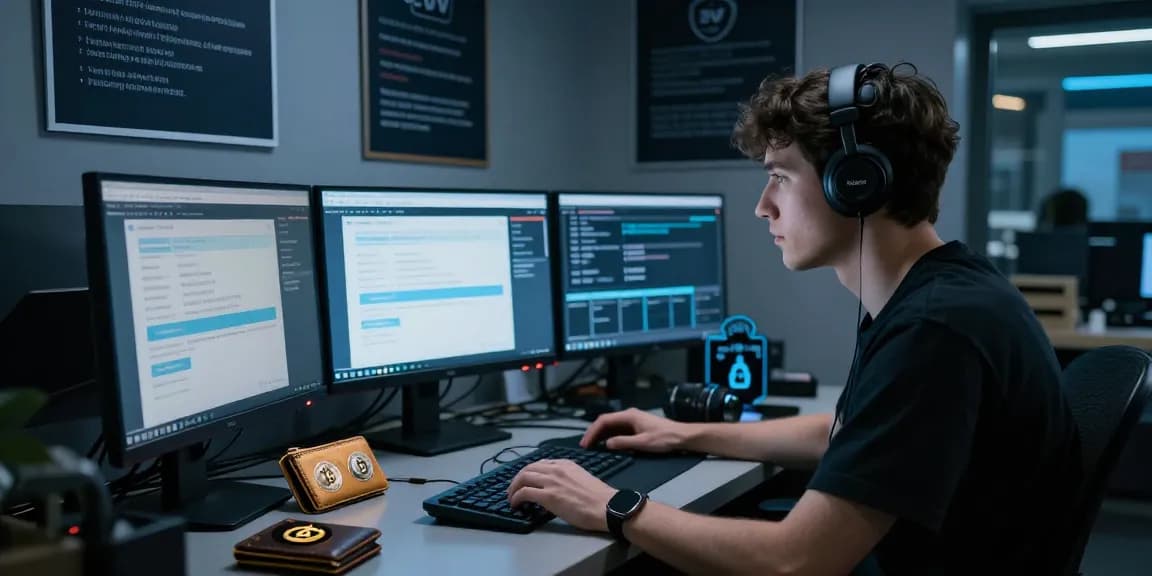 Focused individual in a fullz shop using multiple monitors to verify CVV data with cryptocurrency payment tools.
