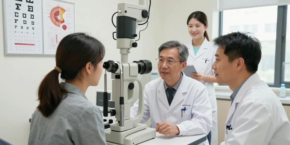 Dr. Tong Man Kit (湯文傑) consulting patient in modern ophthalmology clinic.