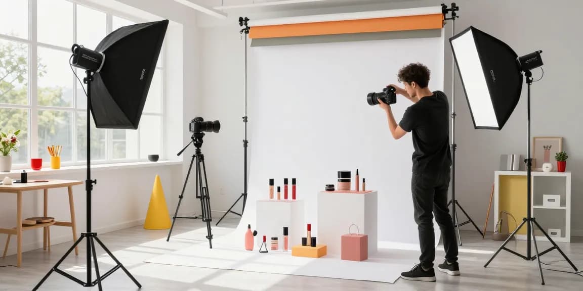 Fotografo prodotti Milano in studio mentre cattura immagini di prodotti cosmetici e accessori, illuminato da luce naturale.