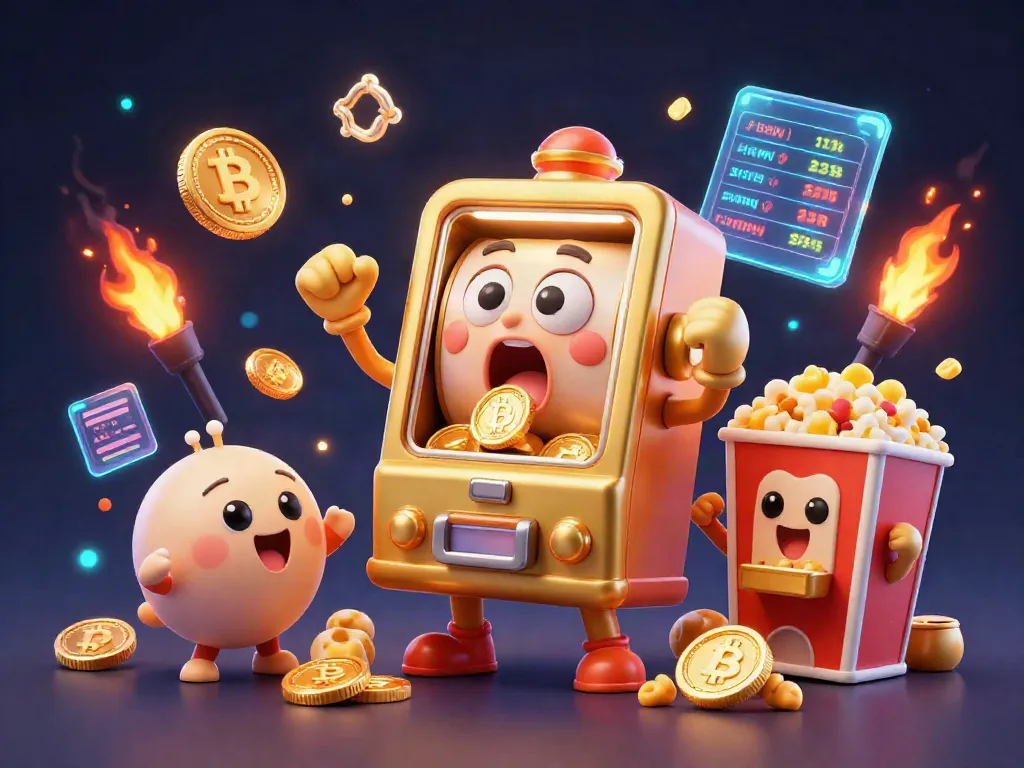 Balislot gaming excitement with a golden slot machine celebrating a jackpot amidst neon cryptocurrency coins.