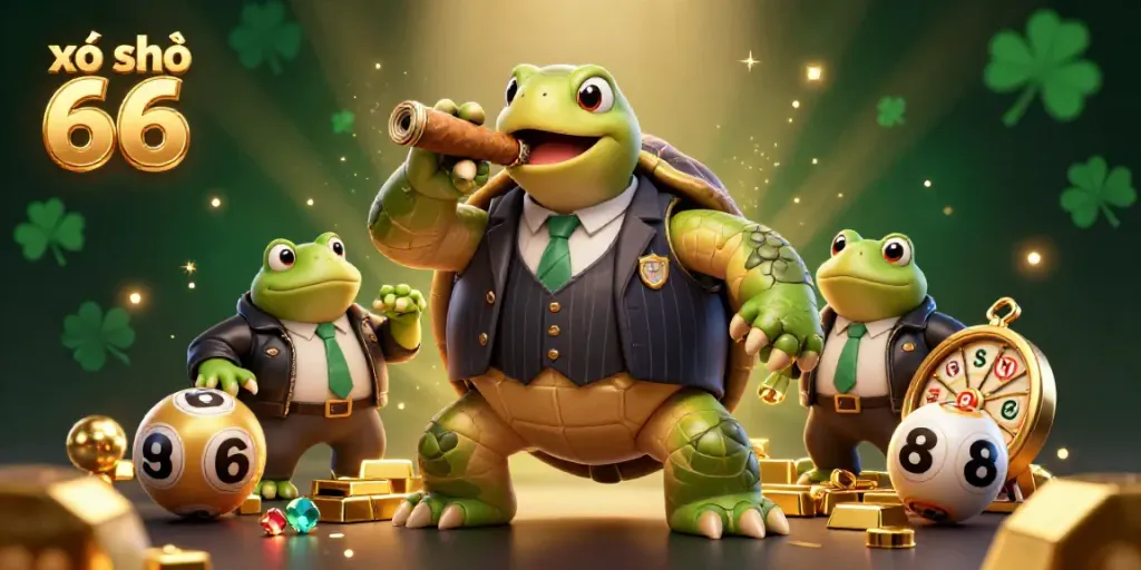Experience xổ số 66 with a playful 3D turtle mobster and vibrant lottery elements lighting up the scene.