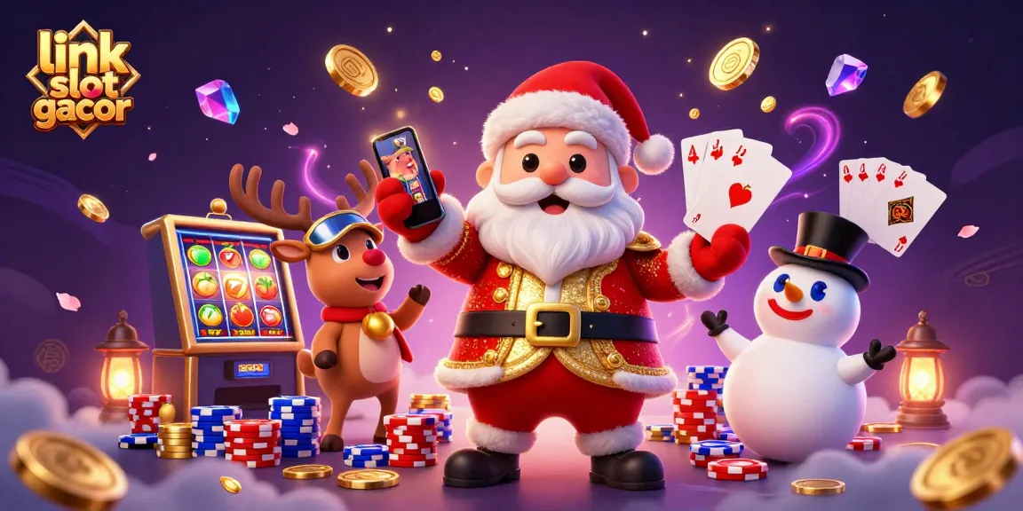 Experience the excitement of link slot gacor with Santa, reindeer dealer, and poker chip snowman in a vibrant casino.
