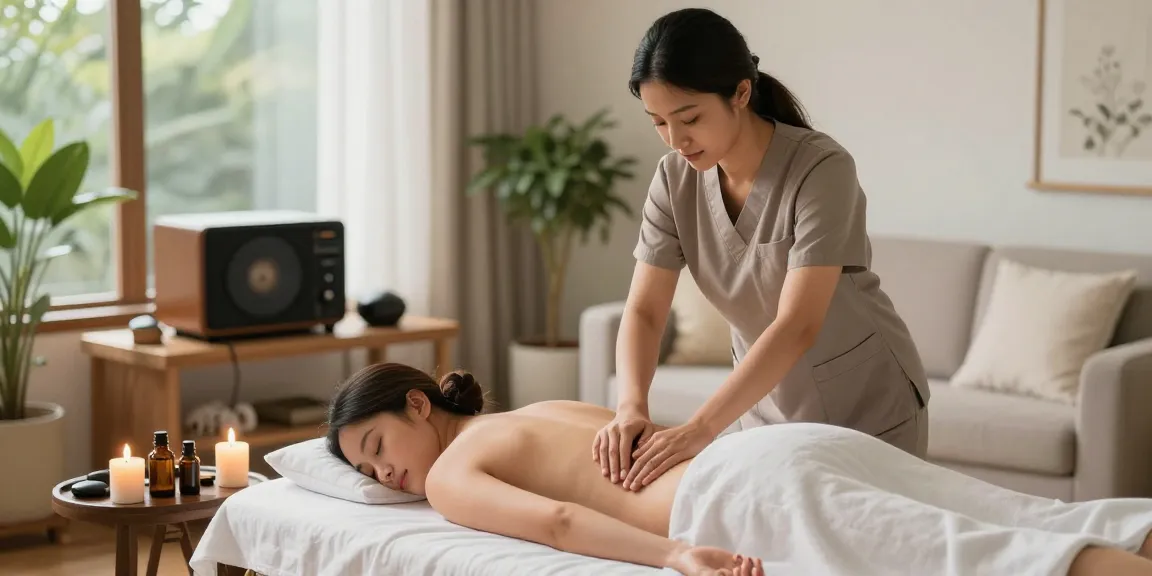 동탄출장안마 서비스를 제공하는 전문가가 편안한 공간에서 고객에게 마사지를 하는 모습