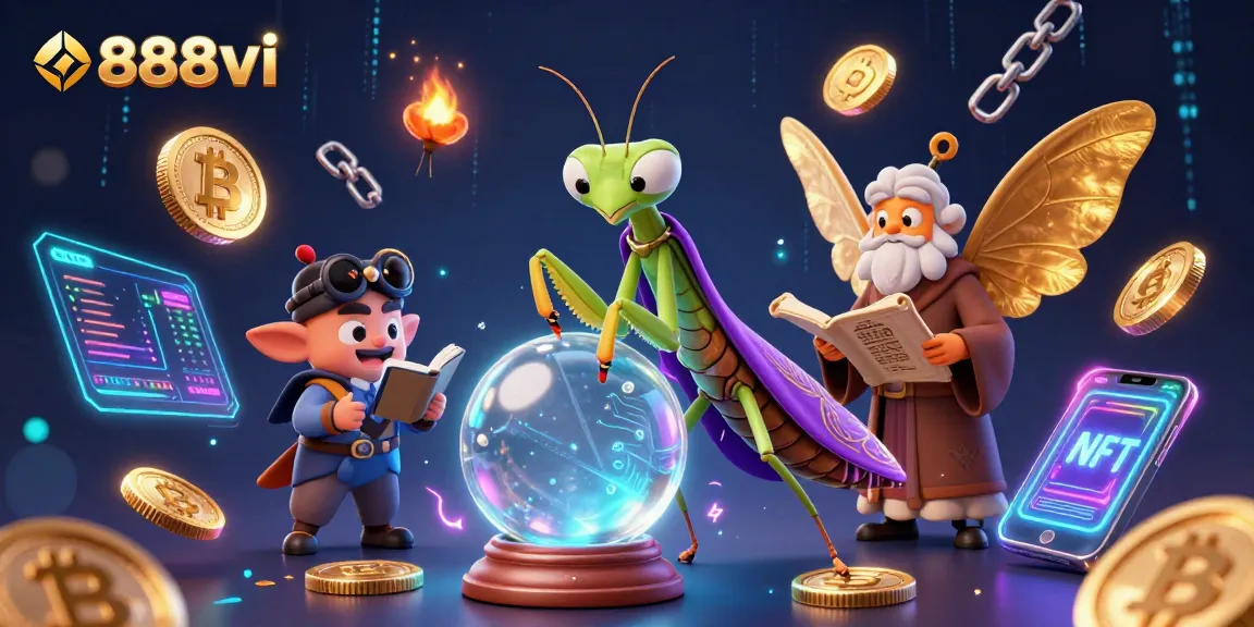Experience the mystical world of 888vi with vibrant guides and glowing crypto symbols in this enchanting casino scene.