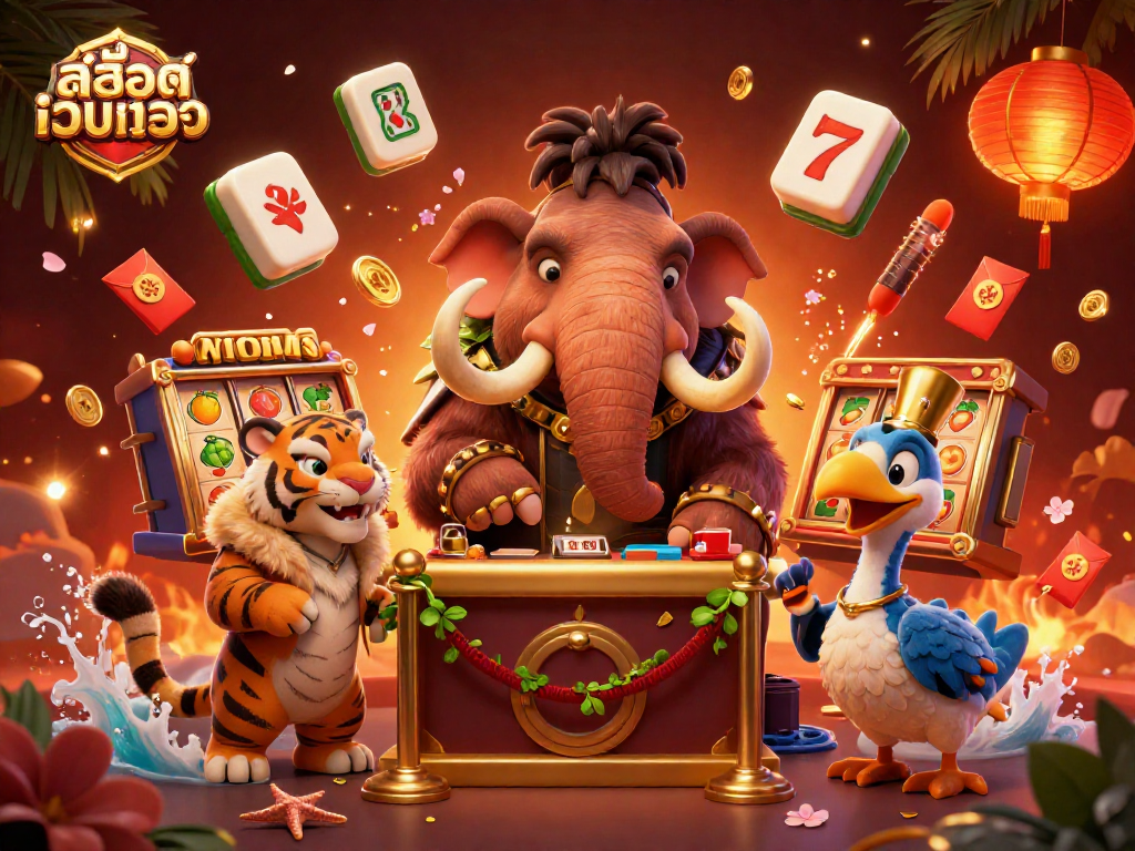 Experience thrilling fun with สล็อตเว็บตรง as a woolly mammoth bouncer checks IDs in this vibrant 3D casino scene.