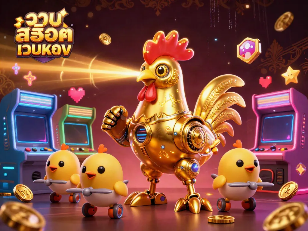 Experience the thrilling world of รวมสล็อตเว็บตรง with a golden rooster robot and baby chick drones, surrounded by vibrant arcade elements.