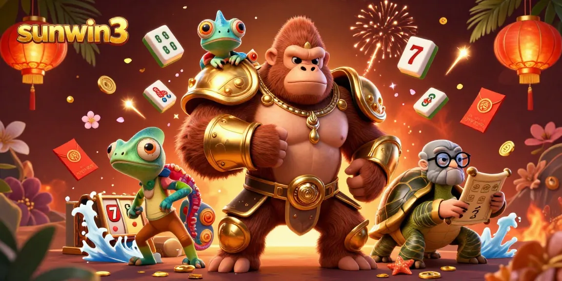 Engage in thrilling gameplay at sunwin3, showcasing a vibrant 3D casino illustration with iconic characters.