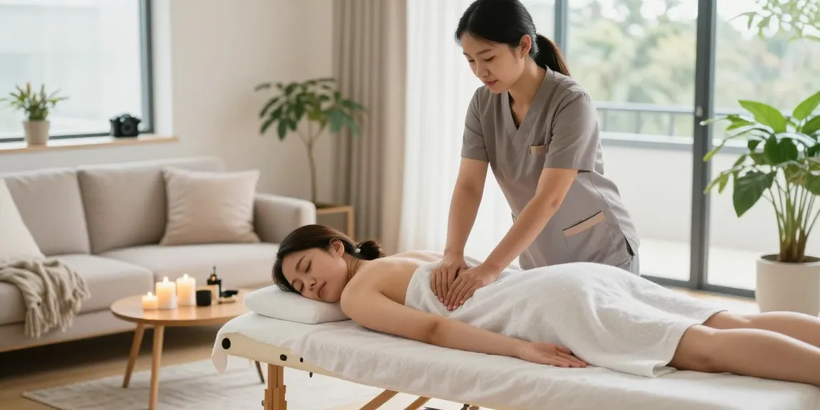 Experience relaxing 출장안마 in a serene home massage setting with candles and soft lighting.