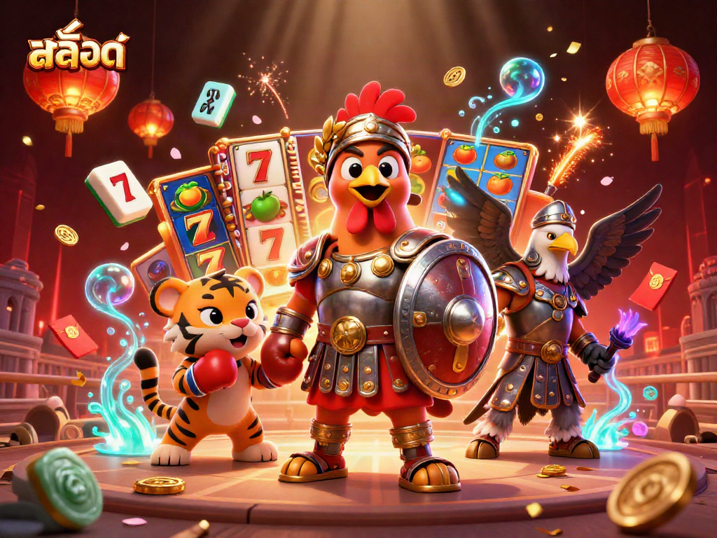 Experience สล็อต excitement with a dynamic scene featuring lucky symbols and a vibrant backdrop.