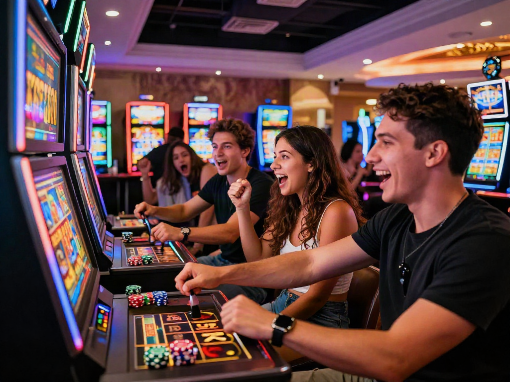 Excited friends enjoying a slot depo 10k gaming experience in a lively casino.
