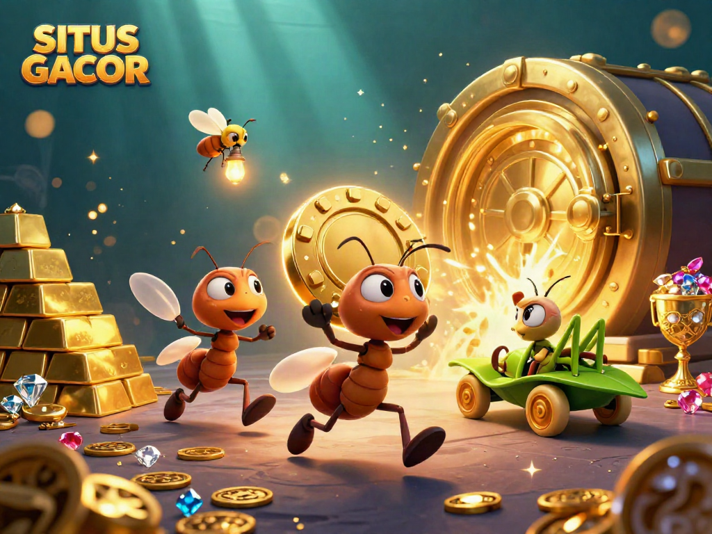 SITUS GACOR showcases ants heisting a giant poker chip amidst piles of treasures and gems, illustrating fun gambling excitement.