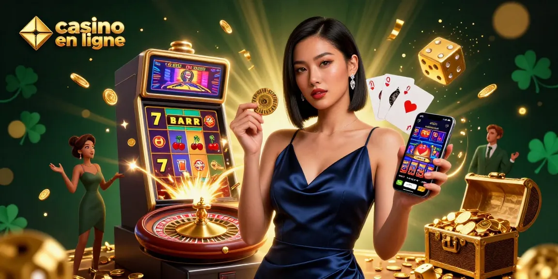 Découvrez des jeux de casino en ligne palpitants avec une femme éblouissante présentant une application de casino et une puce dorée au milieu d'éléments de jeu dynamiques.