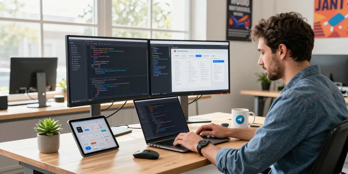 Developer coding on software project for teiegramin.com in a vibrant workspace.