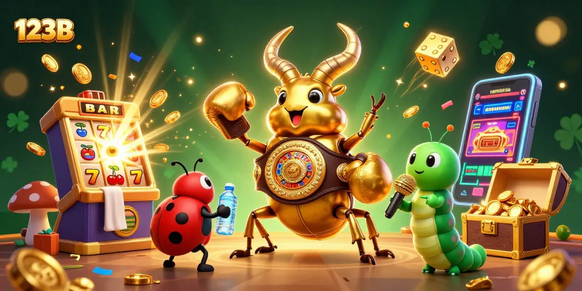 Join the excitement at 123B with a dynamic scene of a golden stag beetle amidst slots and vibrant casino elements.