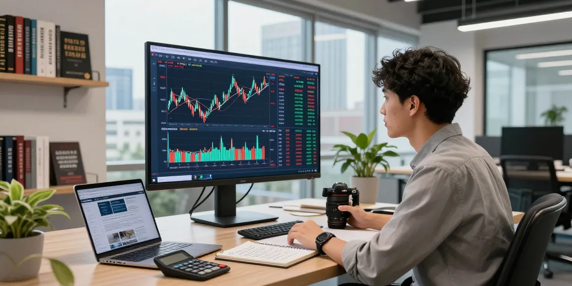 Investor reviewing stocks and market trends at 5starsstocks.news in a vibrant office.