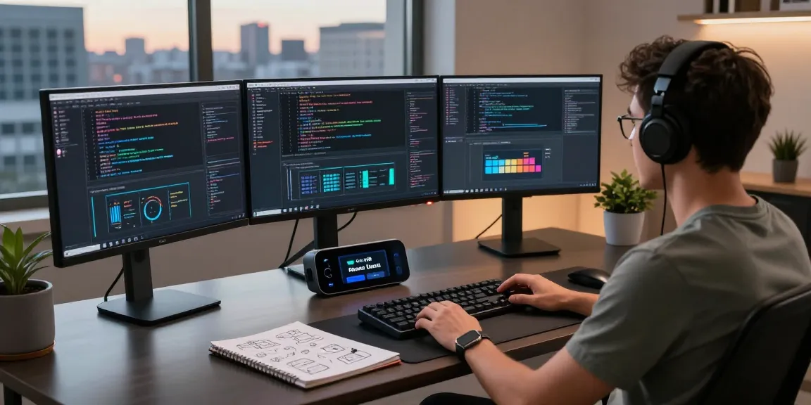 Innovative coding workspace with developer at desk demonstrating telegraimin.com software capabilities in 2026.