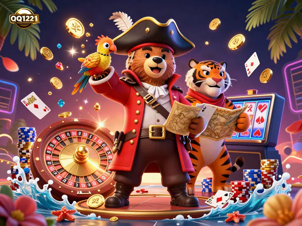 Experience exciting gameplay with QQ1221 as a pirate bear, tiger, and parrot amidst coins and cards.
