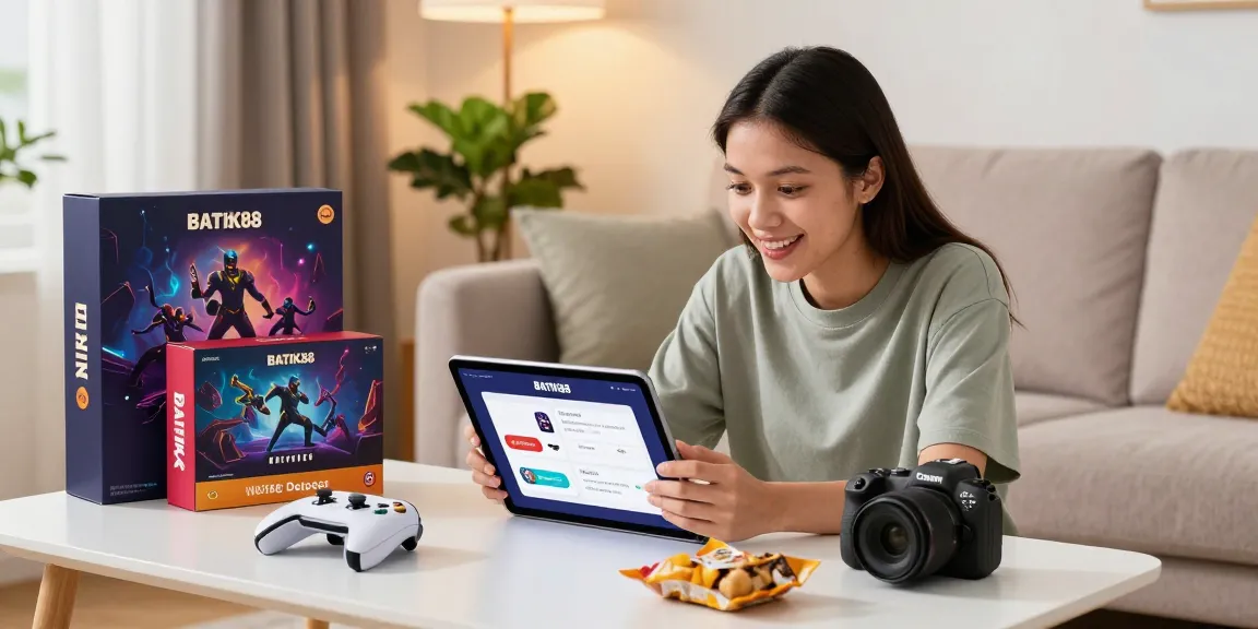 Pengalaman belanja online di BATIK88 dengan pengguna santai menjelajahi produk game di ruang tamu yang modern.