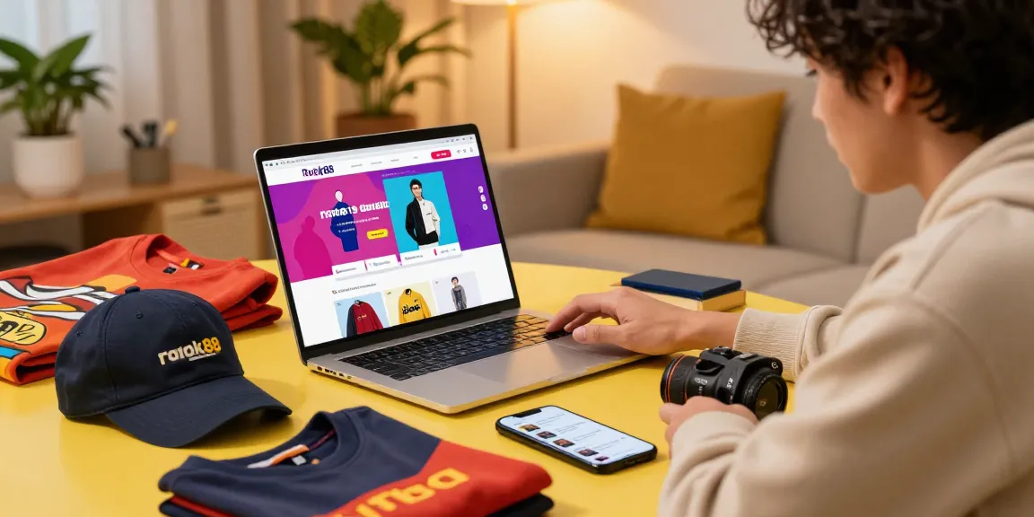 Young adult exploring rokok88 daftar merchandise on a laptop in a cozy setting