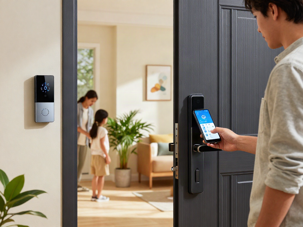 Smart home entry with قفل هوشمند in use, highlighting modern security and convenience.