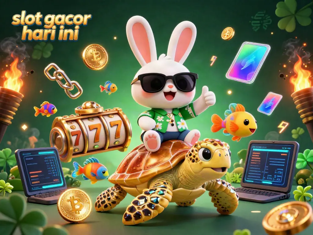 Visualisasi slot gacor hari ini dengan kelinci beruntung dan kura-kura emas dalam suasana penuh keceriaan.