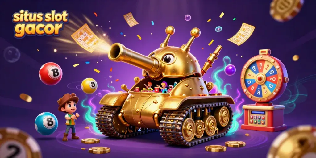 Menggali situs slot gacor dalam ilustrasi kasino dengan tank kumbang emas raksasa dan elemen permainan dinamis.