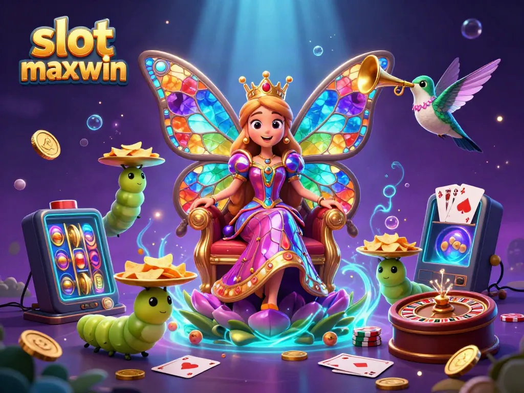 Experience excitement with slot maxwin in a vibrant casino scene featuring a magical butterfly queen.