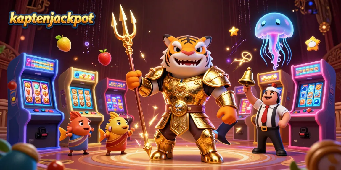 Experience the excitement of kaptenjackpot with vibrant 3D casino scene featuring slots and playful characters.