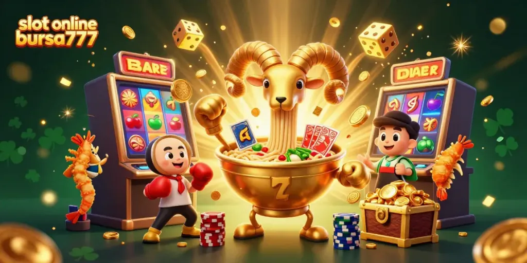 Slot online Bursa777 yang menggambarkan suasana kasino dengan karakter menarik dan jackpot berlimpah.