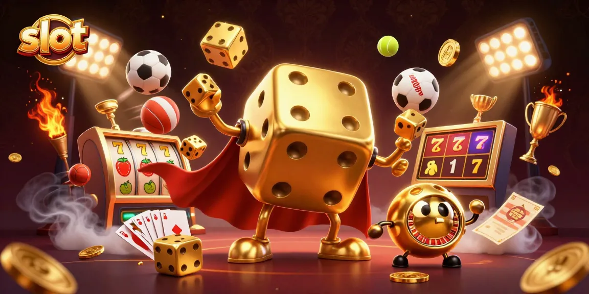 Menangkan slot dengan karakter ceria, dadu emas, dan simbol keberuntungan yang mengelilingi dalam suasana kasino menarik.