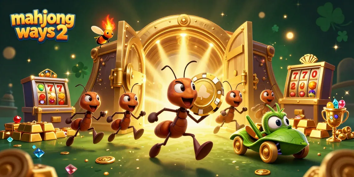 Engage with mahjong ways 2 as playful ants execute a heist amidst dazzling casino symbols.