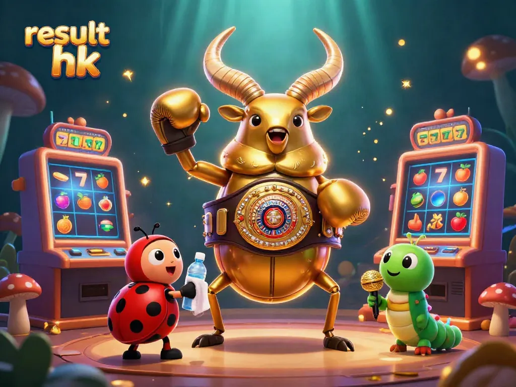 Menghadiri undian hasil hk dengan simbol mesin slot berwarna-warni dan karakter kartun 3D yang dinamis.