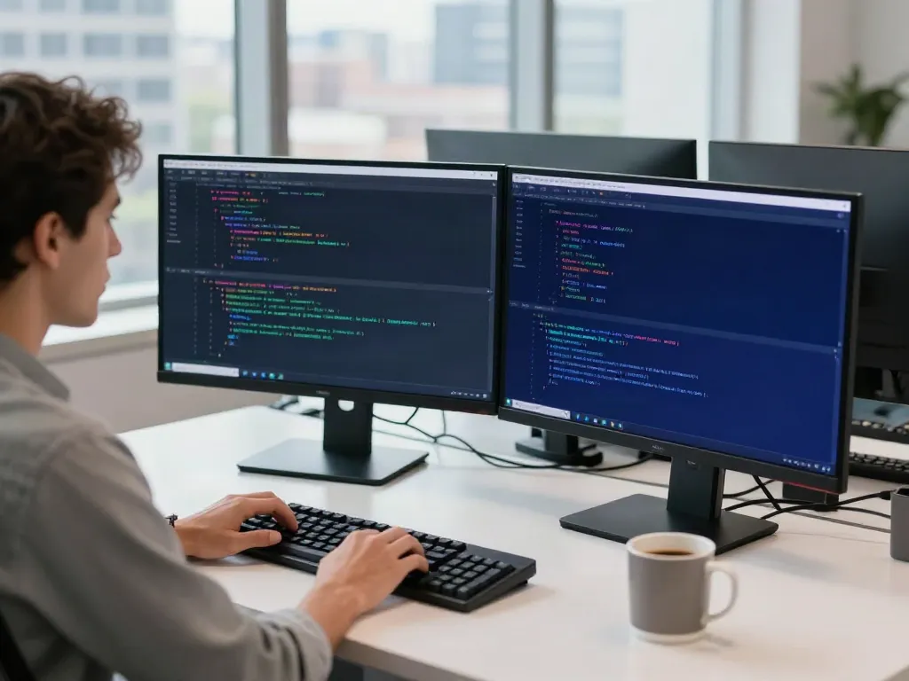 Developer coding in Brave browser workspace, modern tech environment.