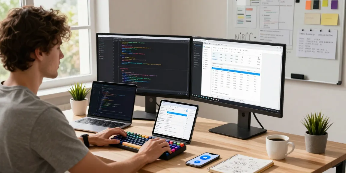 software developer using openclaw in a modern home office, enjoying productivity tools and a creative workspace