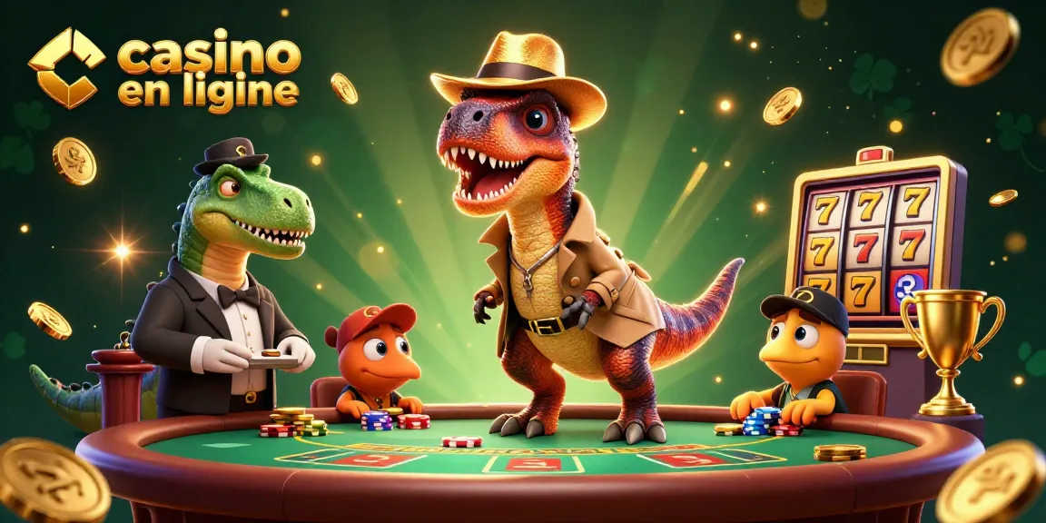 Illustration de casino en ligne avec un vélociraptor comptant des cartes à une table de blackjack.
